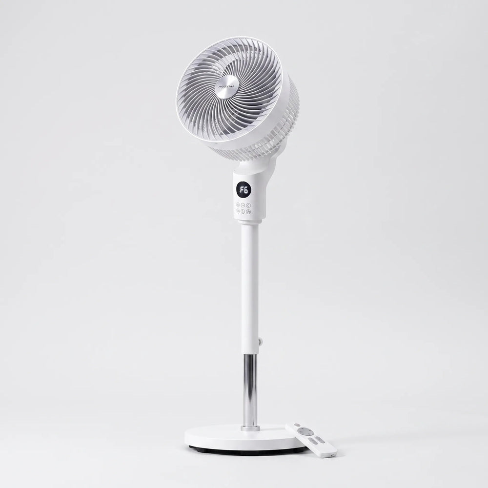 Eleganter Standventilator mit 3D-Oszillation und Fernbedienung für optimale Luftverteilung und Erfrischung.