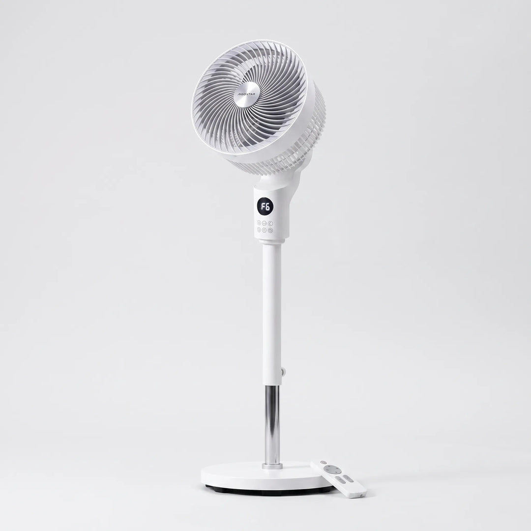 Eleganter Standventilator mit 3D-Oszillation und Fernbedienung für optimale Luftverteilung und Erfrischung.