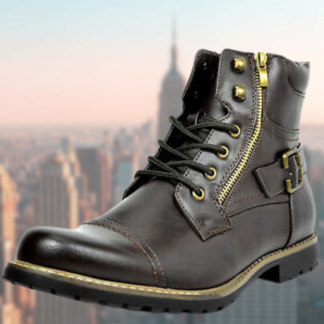 Robuste Herren Motorradstiefel, schwarz, rutschfest für sicheren Halt. Komfortable Bikerstiefel mit Schnürung.