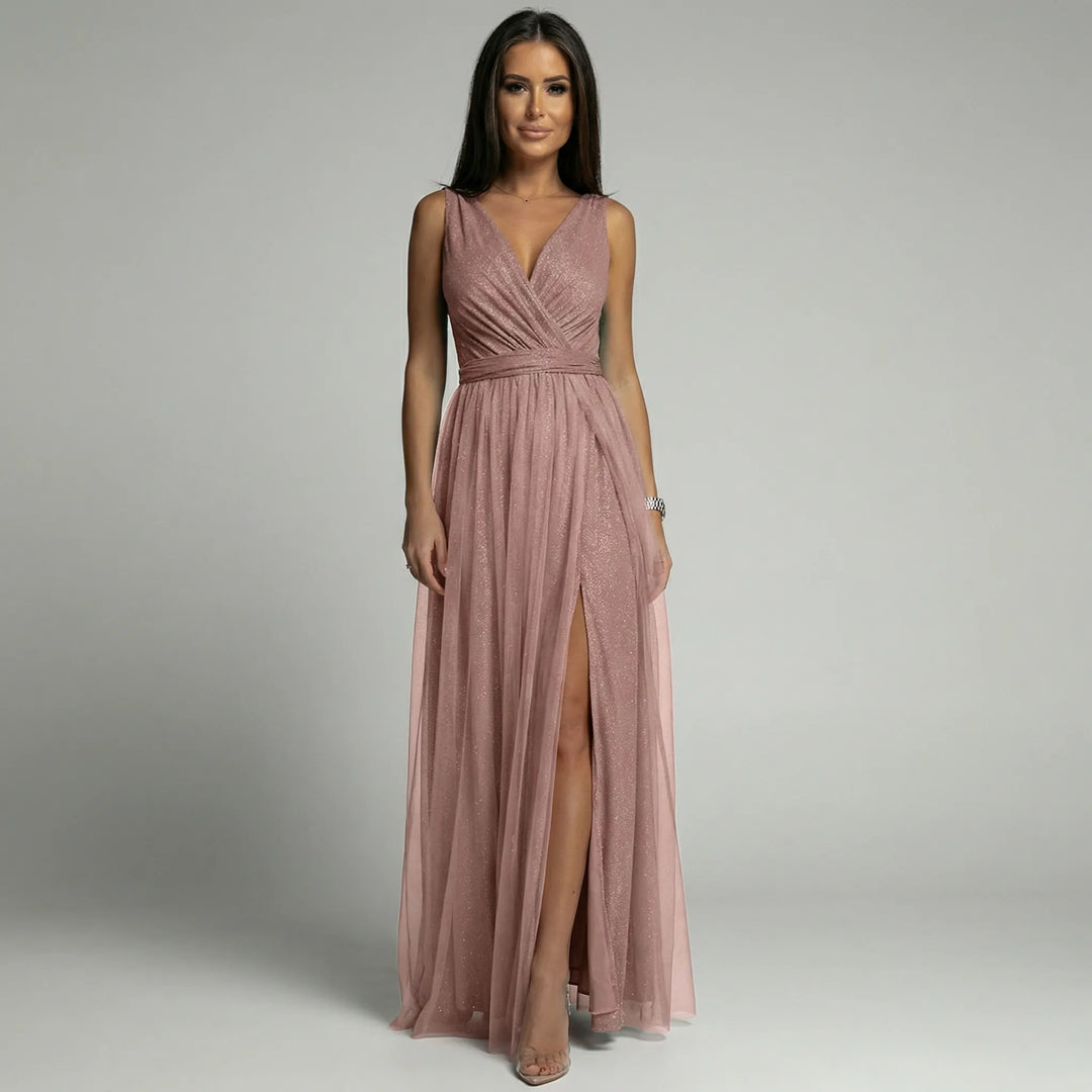 Glänzendes Maxikleid für Damen, ärmellos, V-Ausschnitt, elegant & festlich, perfekt für Gala & Party.