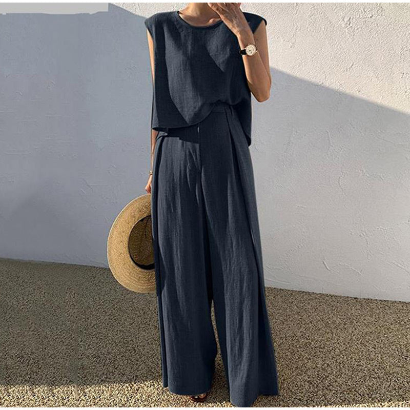 Modernes Damen Leinen Set: Zweiteiler mit ärmelloser Bluse & Leinenhose, ideal für Freizeit, Urlaub und Sommerabende.