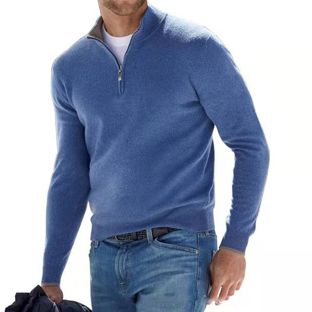 Herren-Langarmpullover mit V-Ausschnitt und Reißverschluss. Modischer Strick für Alltag und Freizeit.