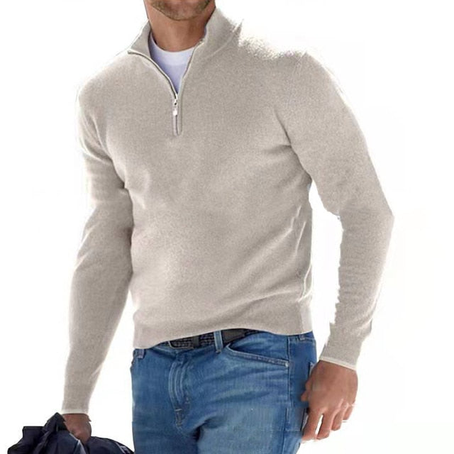 Moderner Herren-Strickpullover mit V-Ausschnitt, Reißverschlussdetails. Bequeme Langarm-Herrenmode.