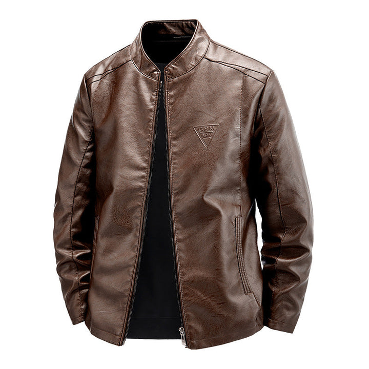 Lässige Herren Kunstleder Stehkragenjacke, eine robuste Alltagsjacke für den stilbewussten Mann.