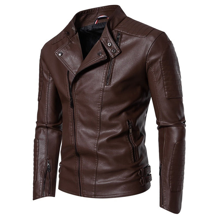 Schwarze Herren-Bikerjacke mit Stehkragen, robust & modisch für einen selbstbewussten Streetwear-Look.