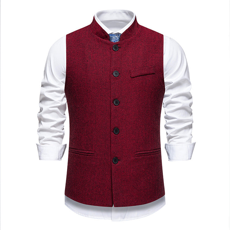 Graue Herren Anzugweste mit Stehkragen & Fischgrätmuster. Elegant für festliche Anlässe und Business-Look.