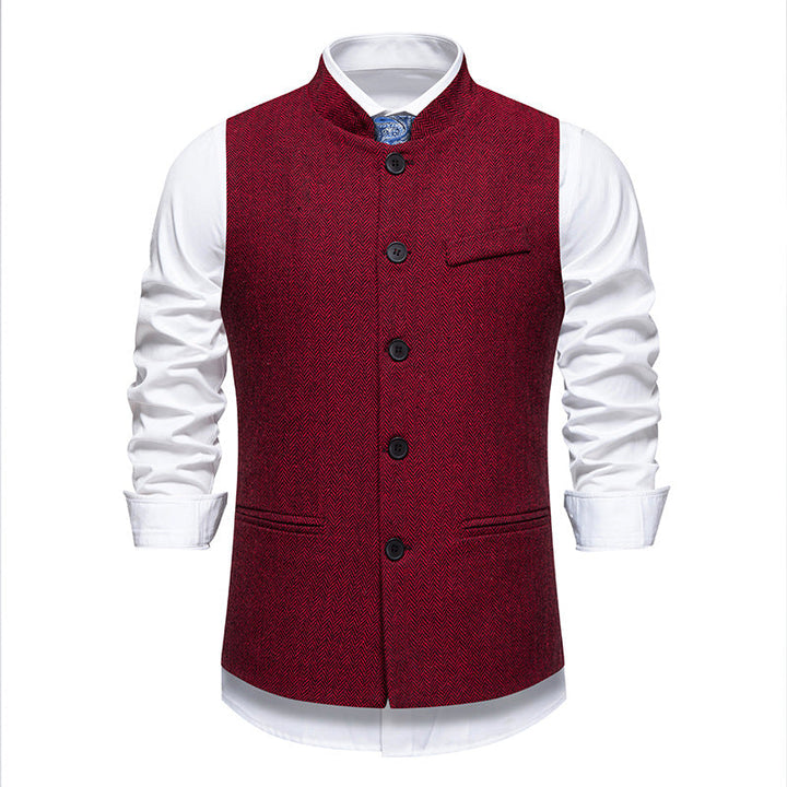 Graue Herren Anzugweste mit Stehkragen & Fischgrätmuster. Elegant für festliche Anlässe und Business-Look.