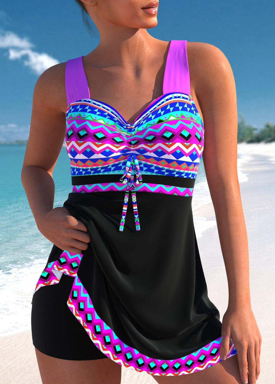Damen Zweiteiler Tankini in Schwarz mit verstellbaren Trägern. Modische Bademode für Strand, Pool & Sommerurlaub.