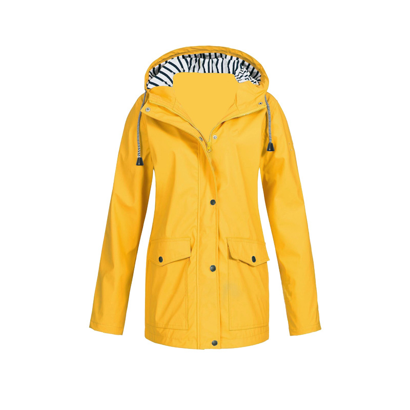 Bunte, modische Damen Regenjacke mit Kapuze, ideal als wasserdichte Outdoor- und Übergangsjacke.