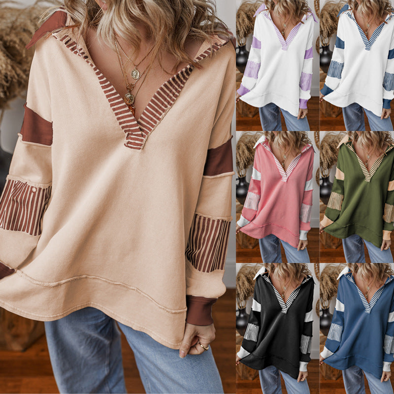 Damen Oversize Sweatshirt mit V-Ausschnitt & Streifen. Bequemer Langarm-Pullover für Freizeit und Casual-Mode.