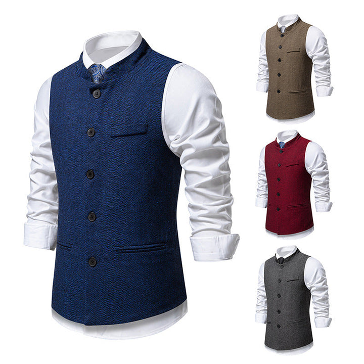 Elegante Herrenmode: Fischgrät Weste mit Stehkragen, ideal für Business Outfits & lässige Looks.