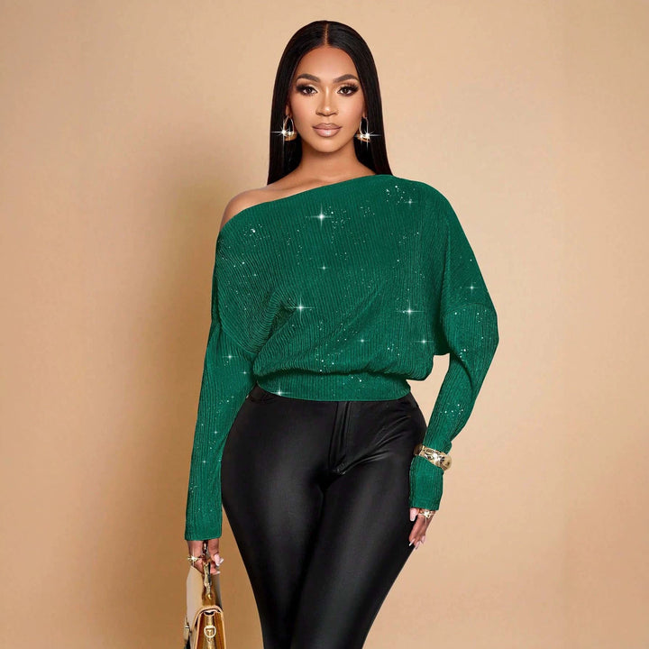 Eleganter Damen Glitzerpullover Off-Shoulder, perfekt für Partys und festliche Abende.