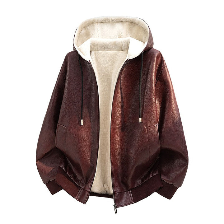 Mann trägt stilvolle Herren Kapuzenjacke, perfekt als Übergangsjacke oder Winterjacke. Bequeme Herrenmode.