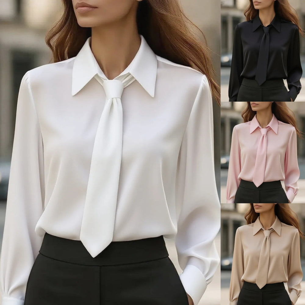 Moderne Langarm Damenbluse, ideal für Business Outfits, mit schickem Hemdkragen und Schleife.