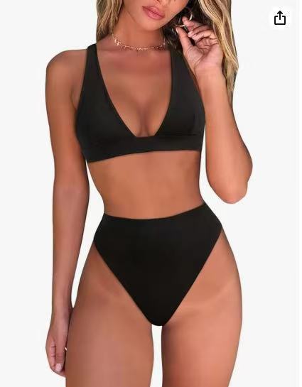 Komplettes Damen Bikini Set: hochtaillierte Hose & V-Ausschnitt Oberteil. Dein elegantes Strandoutfit.