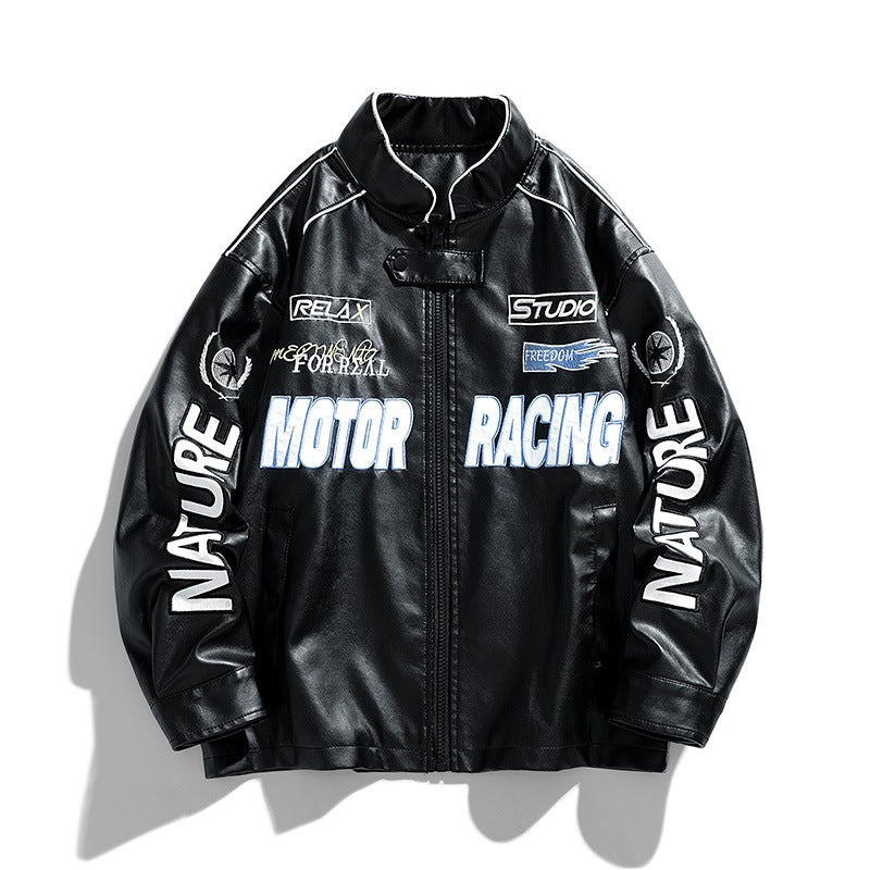 Moderne schwarze Herren Racingjacke im sportlichen Motorsport-Stil, ideal als Freizeit- und Übergangsjacke für Männer.