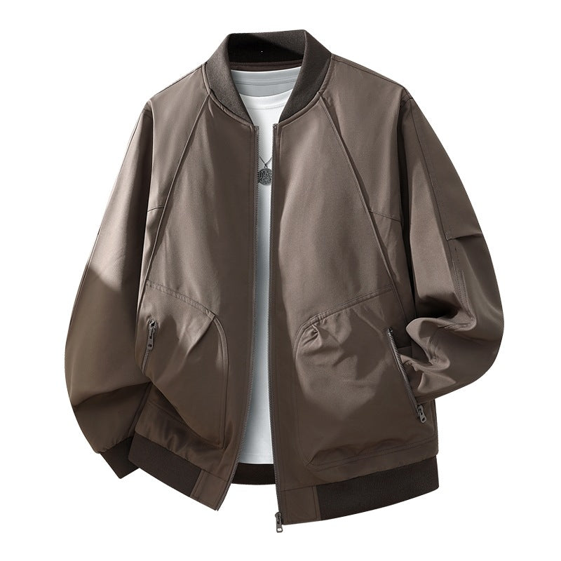 Textur der Herren Bomberjacke, hochwertiger Stoff, bequem und langlebig. Eine elegante Reißverschlussjacke für den Alltag.