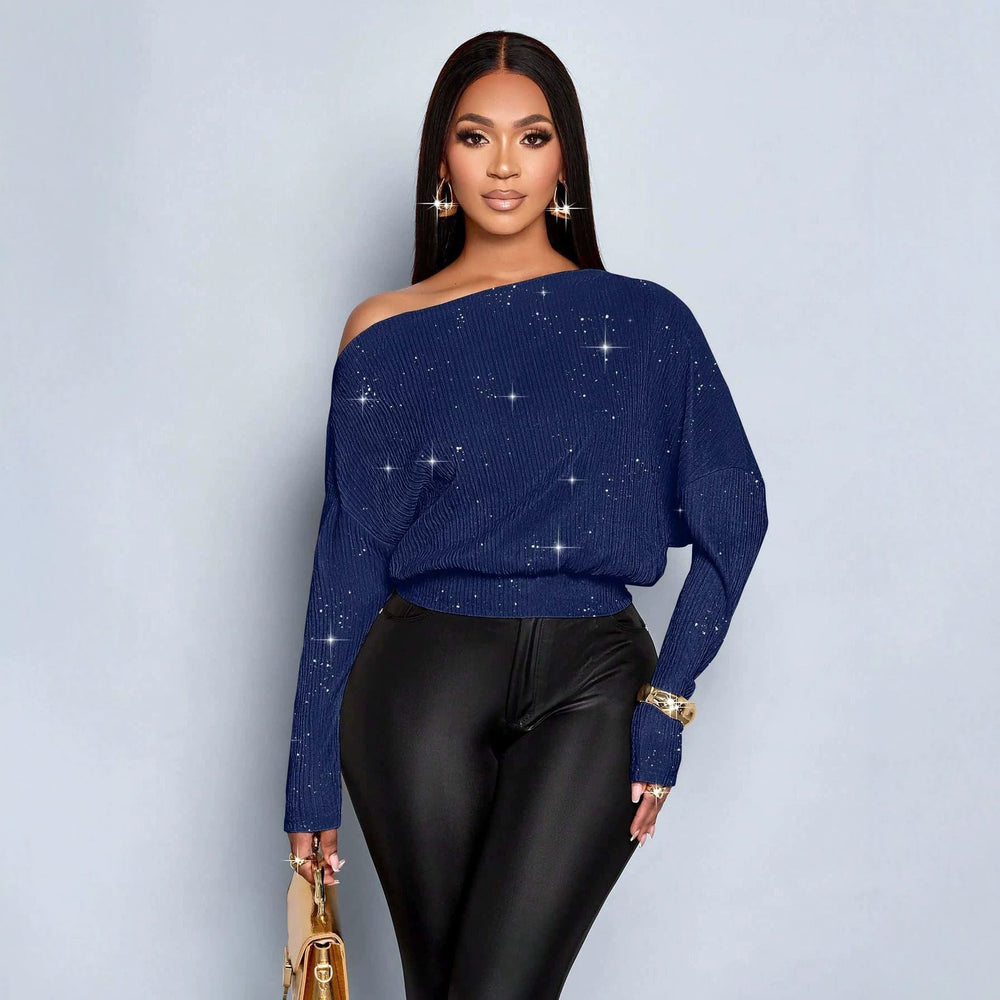 Oversized Damen Off-Shoulder Pullover mit Batwing-Ärmeln & Glitzer für festlichen Look.