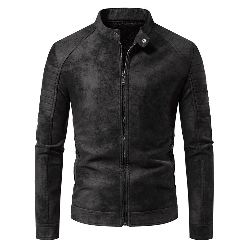 Zeitlose schwarze Herren Bikerjacke, Slim Fit. Moderne Übergangsjacke mit Stehkragen für stilbewusste Männer.