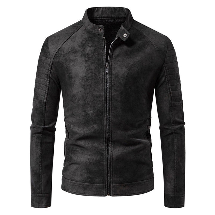 Zeitlose schwarze Herren Bikerjacke, Slim Fit. Moderne Übergangsjacke mit Stehkragen für stilbewusste Männer.