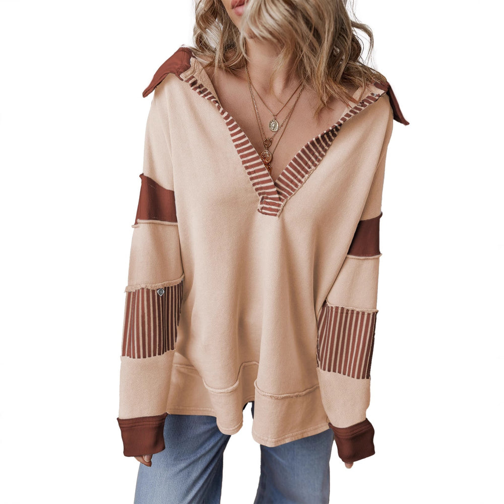 Lässiges Damen Oversize Sweatshirt mit V-Ausschnitt, Streifen-Details. Perfekt für Herbst & Winter Freizeit.