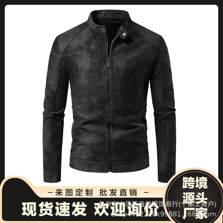 Schwarze Herren Bikerjacke in Lederoptik mit Stehkragen und Reißverschluss, ideal für modernen Männer Stil und Übergang.