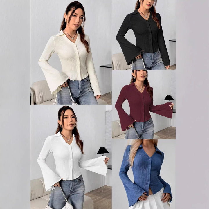 Damen Rippstrick-Cardigan mit Hemdkragen, Trompetenärmeln. Eleganter figurbetonter Look, vielseitig kombinierbar.
