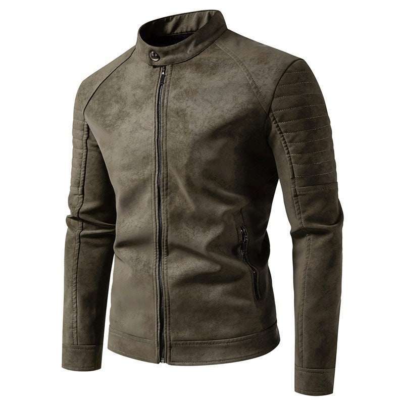 Modische Slim Fit Herren Bikerjacke, schwarz, mit Stehkragen. Perfekt für Freizeit, Streetwear und lässige Herrenmode.