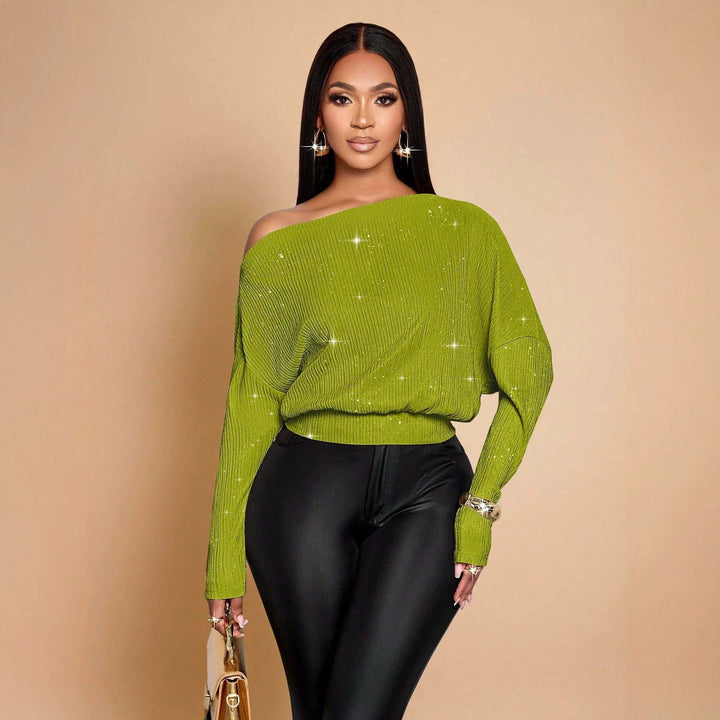 Bequemer Damen Off-Shoulder Pullover mit funkelndem Glitzer, ideal für Freizeit-Chic.