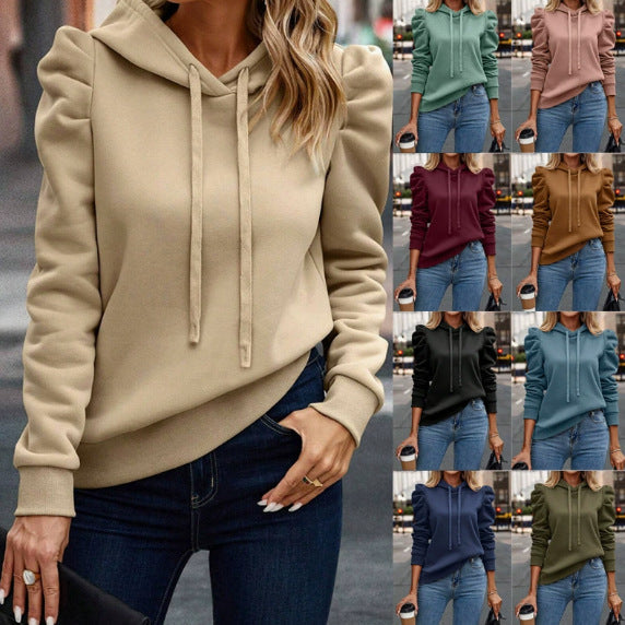 Damen Kapuzenpullover mit Puffärmeln & Kordelzug, elegant und bequem für femininen Casual Chic.