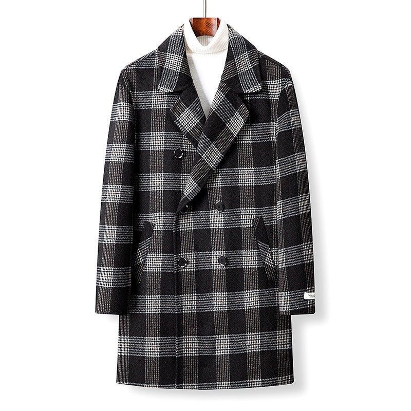 Karierter Damen-Doppelbrustmantel für Herbst & Winter. Eleganter Übergangsmantel mit klassischem Design.