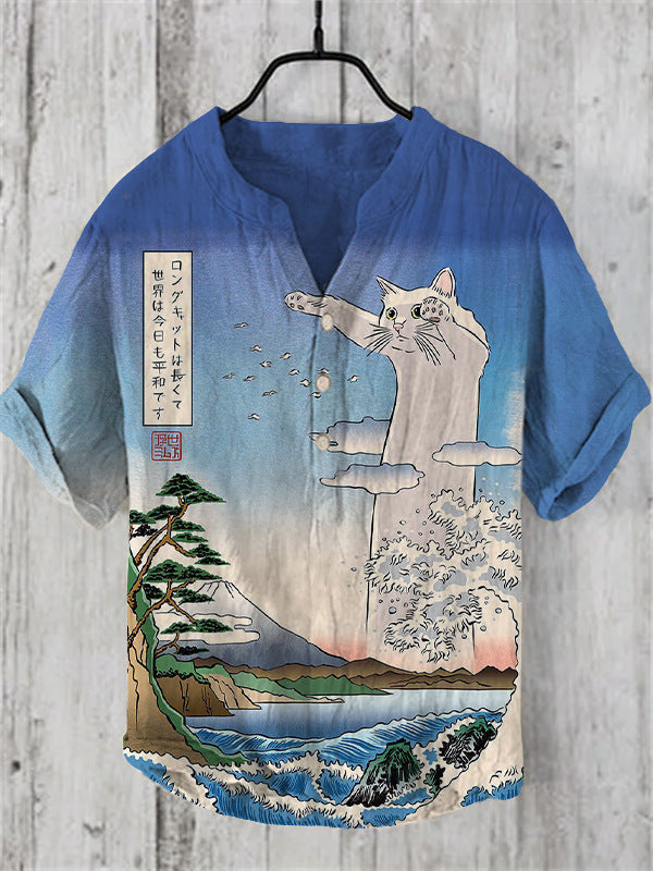 Modernes Männerhemd im Japan-Stil, kurzärmlig, hoher Komfort, schick für Freizeit.