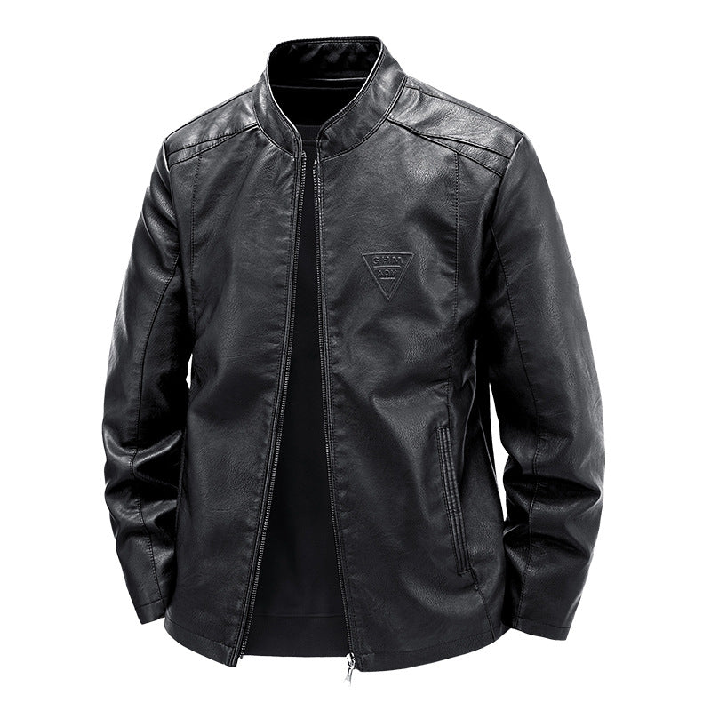 Robuste Herren Bikerjacke aus Kunstleder, mit Stehkragen, perfekt für einen coolen Freizeit-Look.