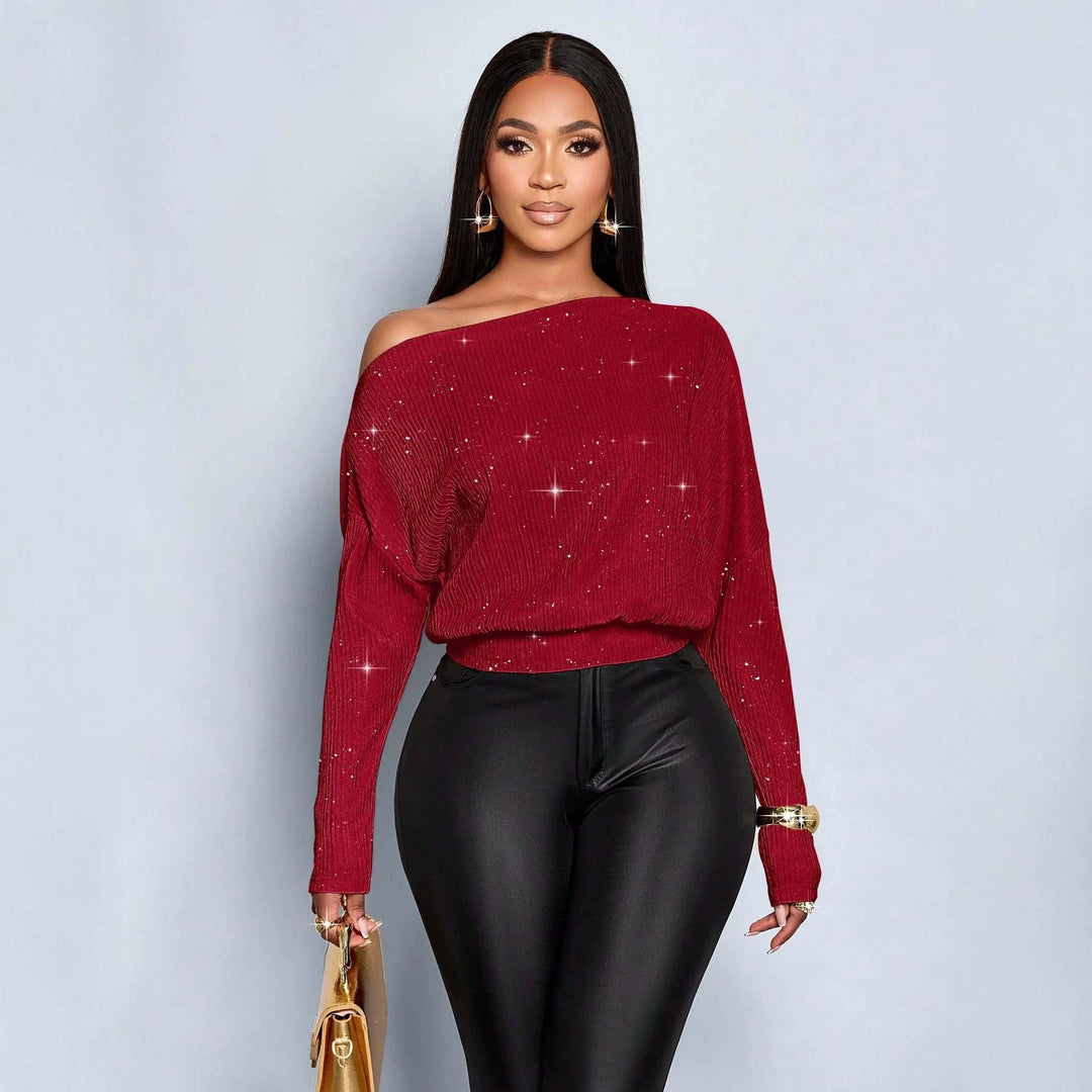 Glitzernder Damen Strickpullover, schulterfrei, mit weiten Ärmeln, ideal für Abendmode.