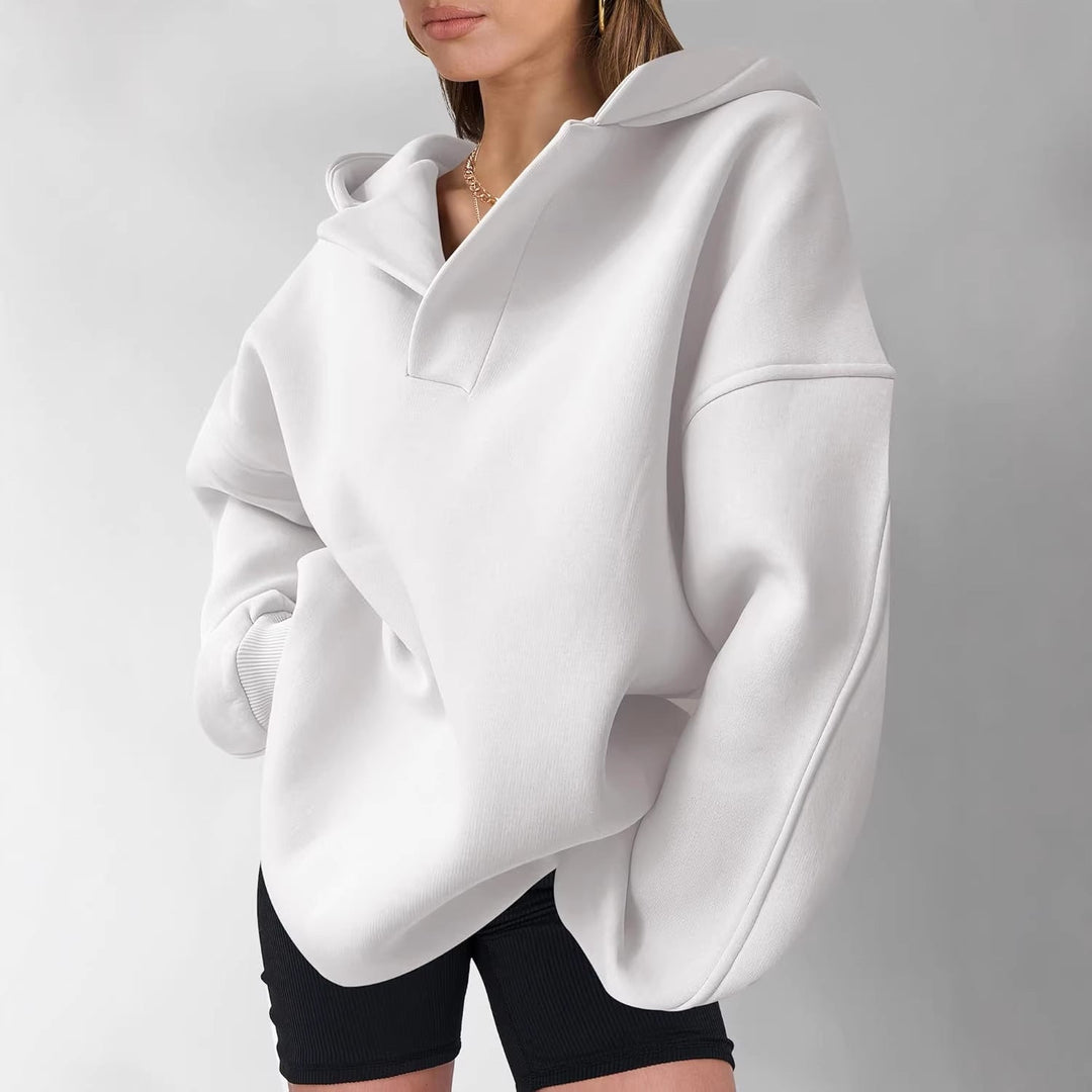 Hochwertiger Damen Kapuzenpullover, Oversize-Schnitt, V-Ausschnitt. Warmer Freizeit-Pullover für Herbst/Winter.