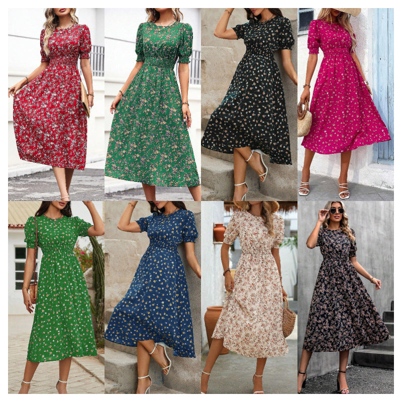 Langes Damen Maxikleid mit Blumendruck, Smock-Taille & Puffärmeln. Ideal als elegantes Sommer- oder Freizeitkleid.