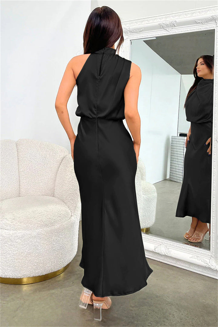Bequemes, leichtes Damen Neckholder Midikleid für lange Festlichkeiten. Ideales Abendkleid oder Hochzeitsgastkleid.