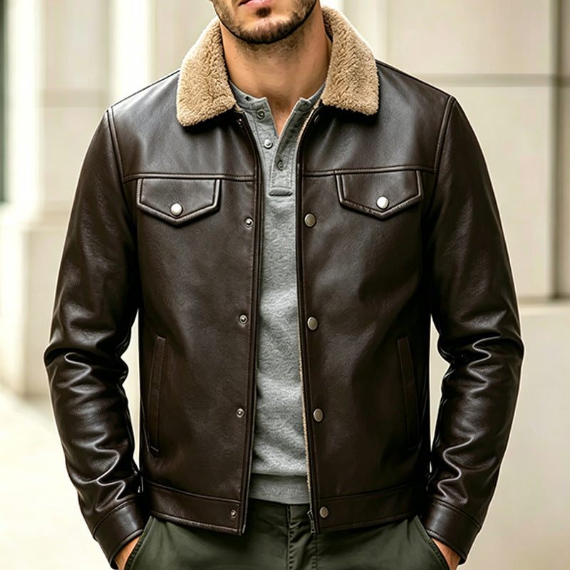 Braune Herren-Übergangsjacke mit warmem Teddykragen, stilvoll & vielseitig für Freizeit.