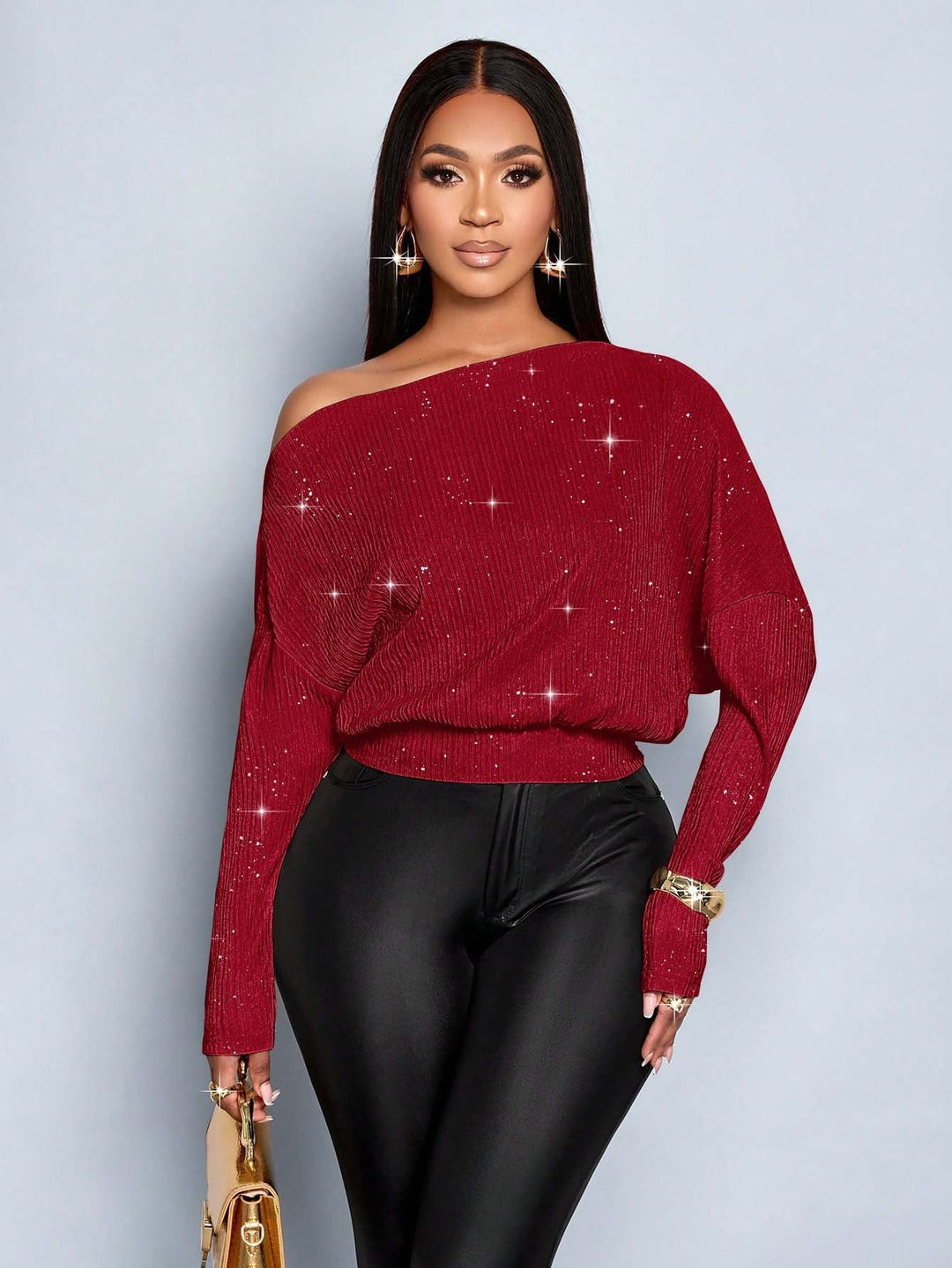 Funkelnder Damen Off-Shoulder Glitzerpullover, elegant und vielseitig.
