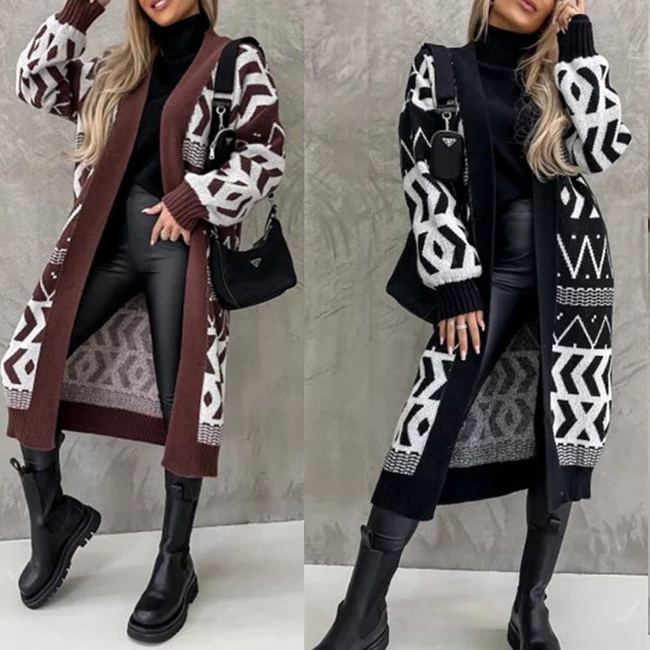 Damen Strickmantel mit geometrischem Muster, weiter Schnitt, lässig. Ideal für Herbst & Winter Freizeit.