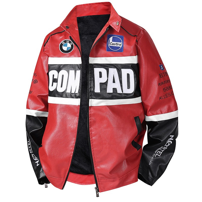 Schwarze Herren Bikerjacke aus Kunstleder mit Reißverschluss, sportlich-stilvolle Übergangsjacke für Männer.