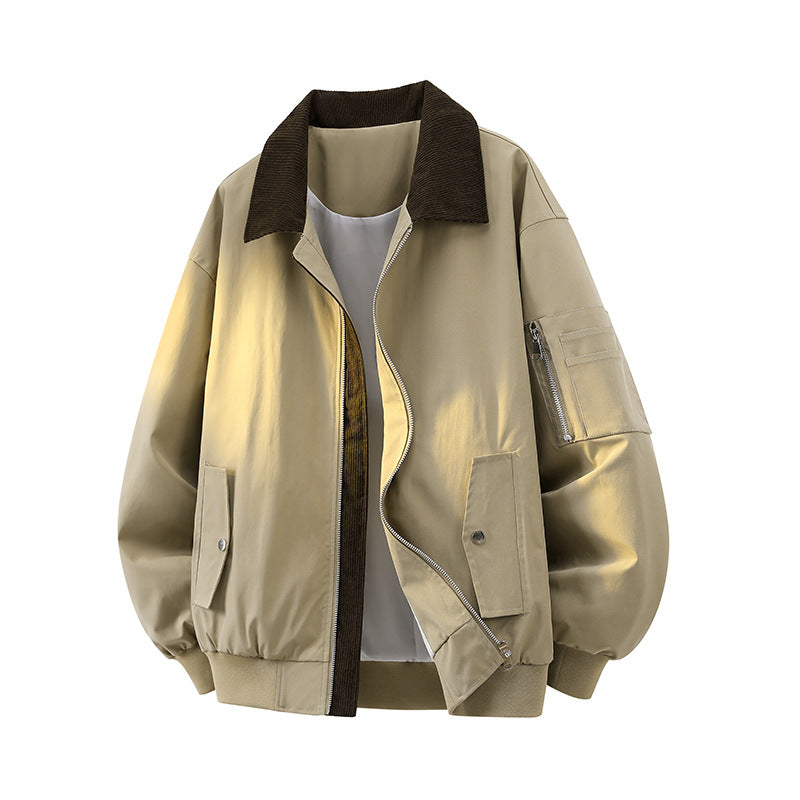 Modische Herren Bomberjacke mit dunkelblauem Cordkragen und Reißverschluss, perfekt für urbanen Stil.