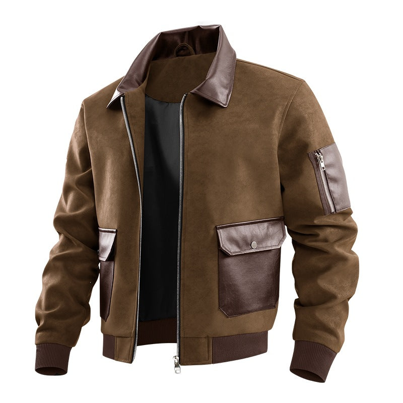 Dunkle Herrenjacke mit Reißverschluss und aufgesetzten Pattentaschen, stilvolle und funktionale Freizeitbekleidung.