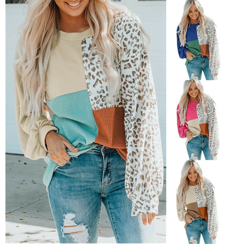 Damen Patchwork-Pullover mit Leopardenmuster & Ballonärmeln, Oversize für Herbst/Winter.