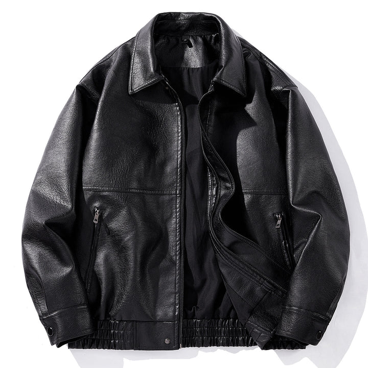 Freizeitjacke für Herren: Schwarze Kunstlederjacke mit Reißverschlusstaschen und bequemem Elastikbund.