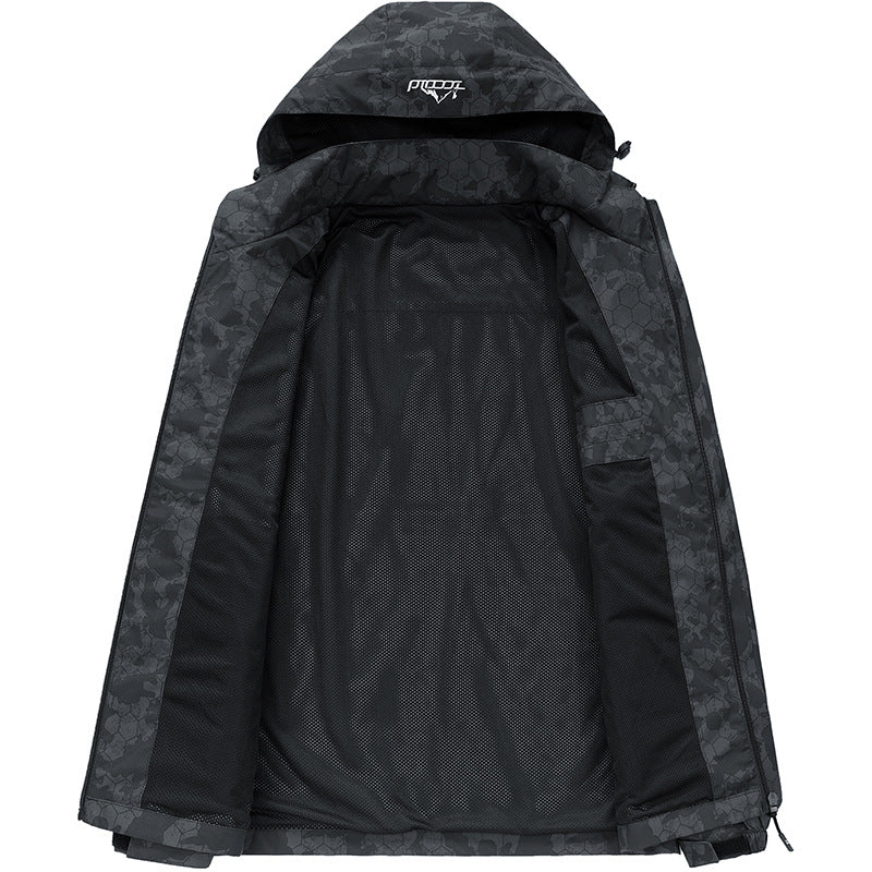 Vielseitige Herren Sportjacke mit Kapuze, modernem Muster, leicht & winddicht, ideal für Outdoor & Alltag.