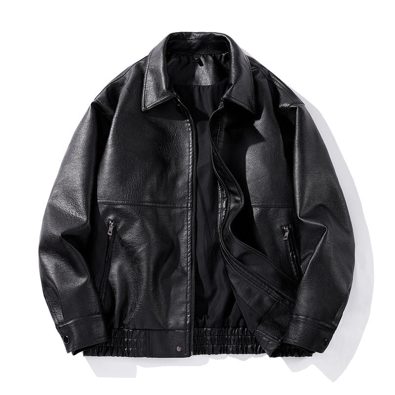 Modische schwarze Herren Kunstlederjacke, langlebig und pflegeleicht, mit Elastikbund für optimalen Sitz.