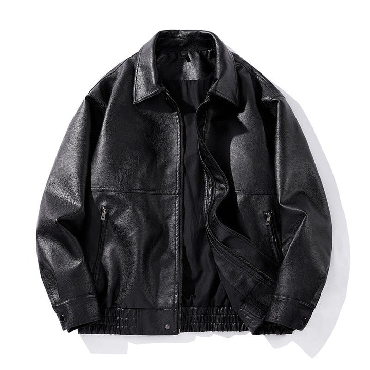 Modische schwarze Herren Kunstlederjacke, langlebig und pflegeleicht, mit Elastikbund für optimalen Sitz.