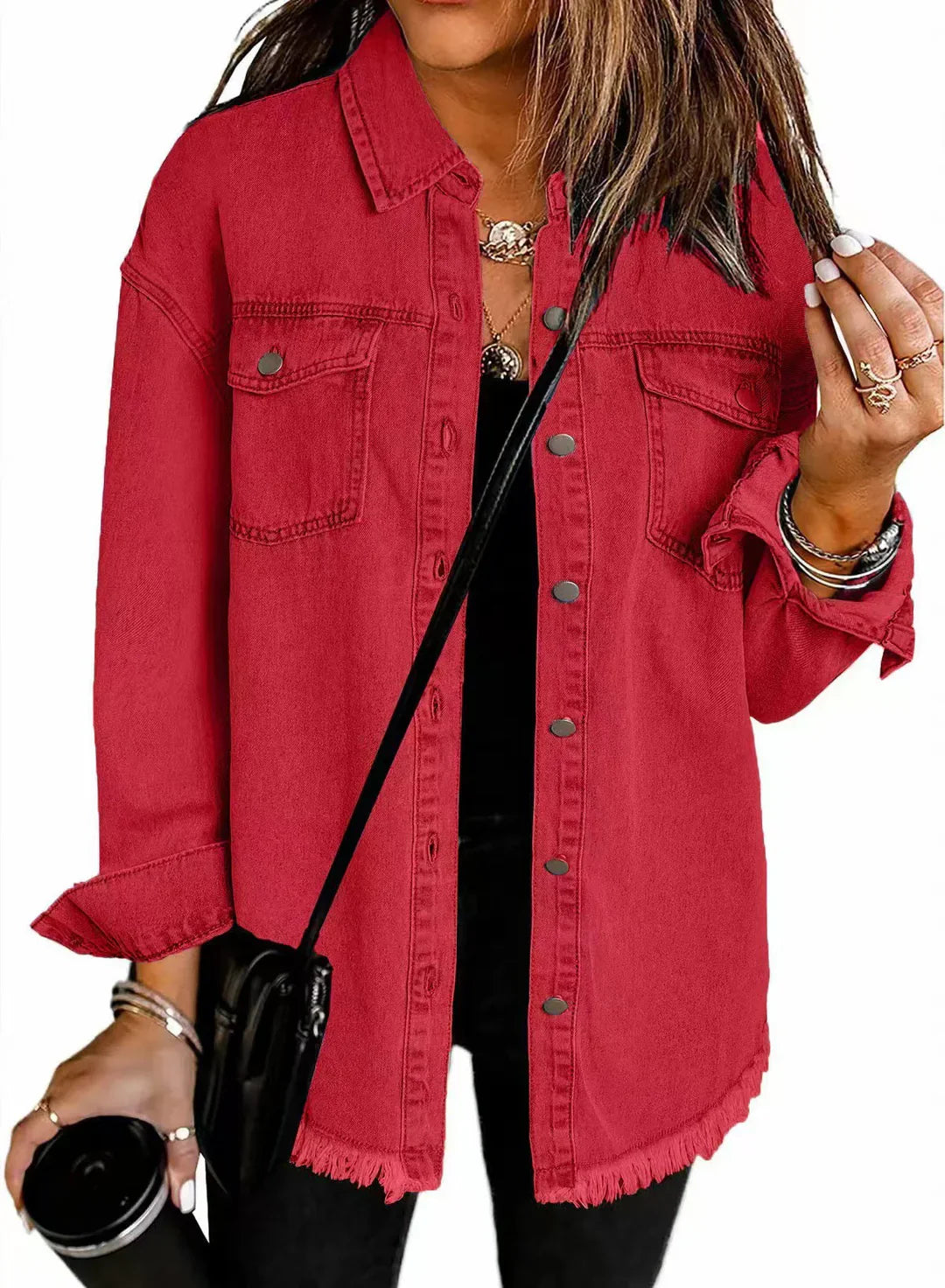 Zeitlose Damen Langarm Jeansjacke mit zwei Brusttaschen, einfach zu kombinieren für jeden Anlass und Outfit.