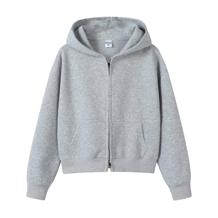 Rückenansicht einer modischen Damen Kapuzenjacke, bequem und stilvoll für den urbanen Stil.